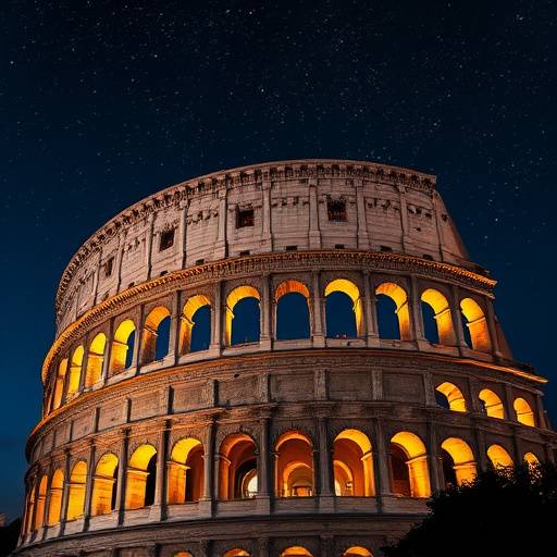 Fotografia architettonica: dettaglio del Colosseo romano illuminato di notte, con cielo stellato sullo sfondo.