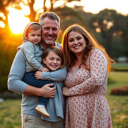 Fotografia di famiglia: genitori e due bambini sorridono e si abbracciano in un parco romano al tramonto.