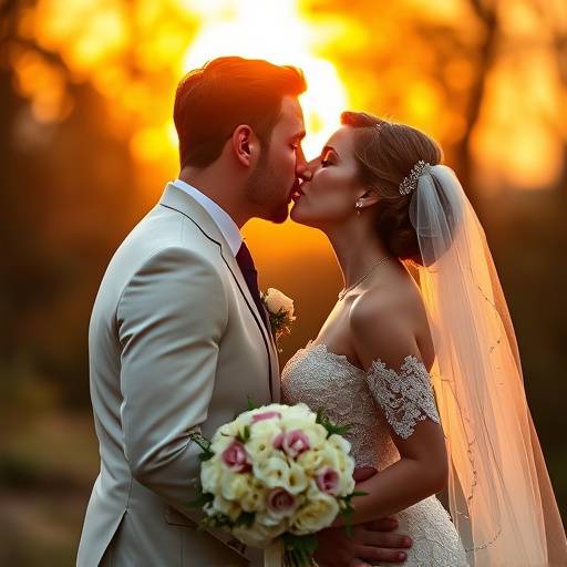 Fotografia di matrimonio con sposi che si baciano al tramonto