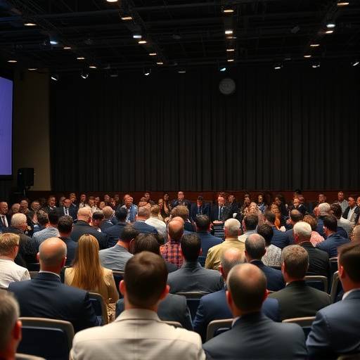 Fotografia di un evento aziendale: conferenza stampa con relatori sul palco e pubblico attento ad ascoltare.